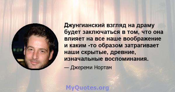 Джунгианский взгляд на драму будет заключаться в том, что она влияет на все наше воображение и каким -то образом затрагивает наши скрытые, древние, изначальные воспоминания.