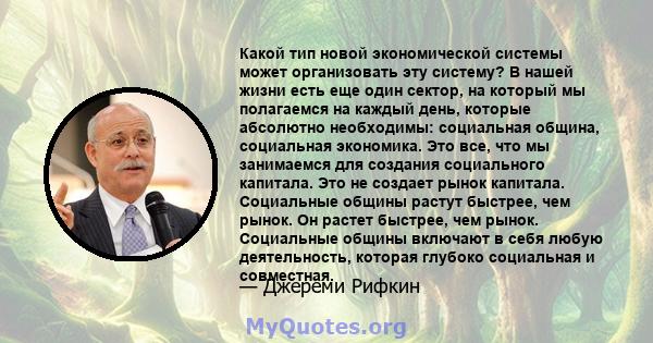 Какой тип новой экономической системы может организовать эту систему? В нашей жизни есть еще один сектор, на который мы полагаемся на каждый день, которые абсолютно необходимы: социальная община, социальная экономика.