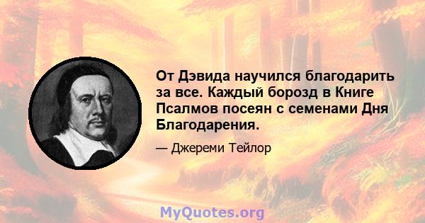 От Дэвида научился благодарить за все. Каждый борозд в Книге Псалмов посеян с семенами Дня Благодарения.