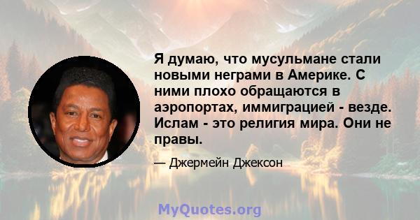 Я думаю, что мусульмане стали новыми неграми в Америке. С ними плохо обращаются в аэропортах, иммиграцией - везде. Ислам - это религия мира. Они не правы.