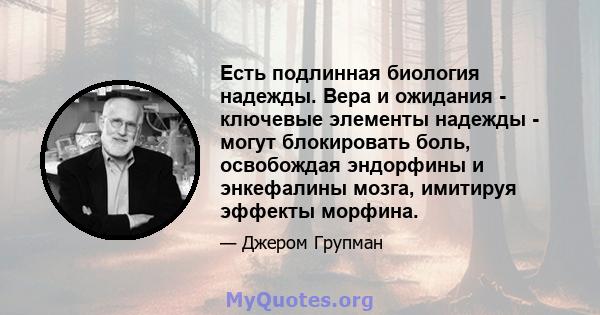 Есть подлинная биология надежды. Вера и ожидания - ключевые элементы надежды - могут блокировать боль, освобождая эндорфины и энкефалины мозга, имитируя эффекты морфина.