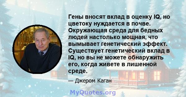 Гены вносят вклад в оценку IQ, но цветоку нуждается в почве. Окружающая среда для бедных людей настолько мощная, что вымывает генетический эффект. Существует генетический вклад в IQ, но вы не можете обнаружить его,