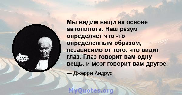 Мы видим вещи на основе автопилота. Наш разум определяет что -то определенным образом, независимо от того, что видит глаз. Глаз говорит вам одну вещь, и мозг говорит вам другое.