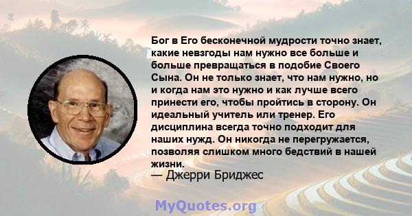 Бог в Его бесконечной мудрости точно знает, какие невзгоды нам нужно все больше и больше превращаться в подобие Своего Сына. Он не только знает, что нам нужно, но и когда нам это нужно и как лучше всего принести его,