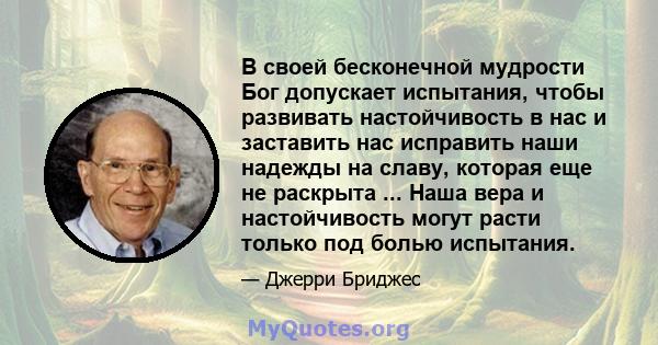 В своей бесконечной мудрости Бог допускает испытания, чтобы развивать настойчивость в нас и заставить нас исправить наши надежды на славу, которая еще не раскрыта ... Наша вера и настойчивость могут расти только под