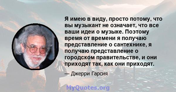 Я имею в виду, просто потому, что вы музыкант не означает, что все ваши идеи о музыке. Поэтому время от времени я получаю представление о сантехнике, я получаю представление о городском правительстве, и они приходят