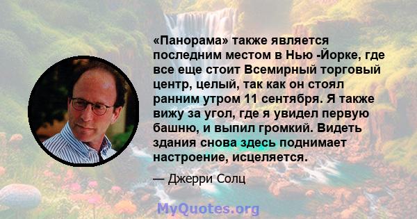 «Панорама» также является последним местом в Нью -Йорке, где все еще стоит Всемирный торговый центр, целый, так как он стоял ранним утром 11 сентября. Я также вижу за угол, где я увидел первую башню, и выпил громкий.