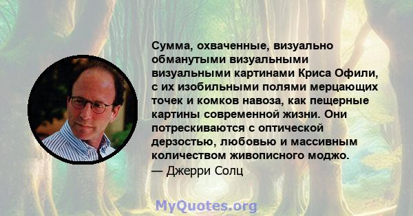 Сумма, охваченные, визуально обманутыми визуальными визуальными картинами Криса Офили, с их изобильными полями мерцающих точек и комков навоза, как пещерные картины современной жизни. Они потрескиваются с оптической