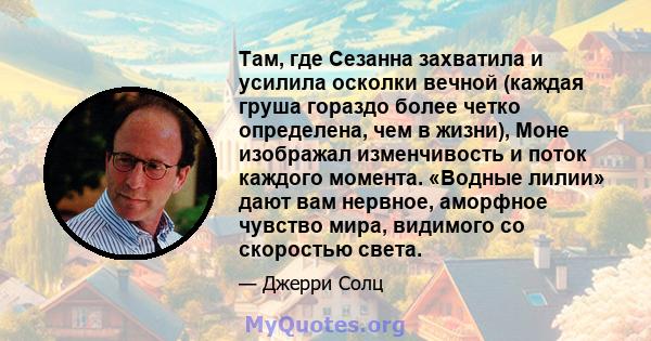 Там, где Сезанна захватила и усилила осколки вечной (каждая груша гораздо более четко определена, чем в жизни), Моне изображал изменчивость и поток каждого момента. «Водные лилии» дают вам нервное, аморфное чувство