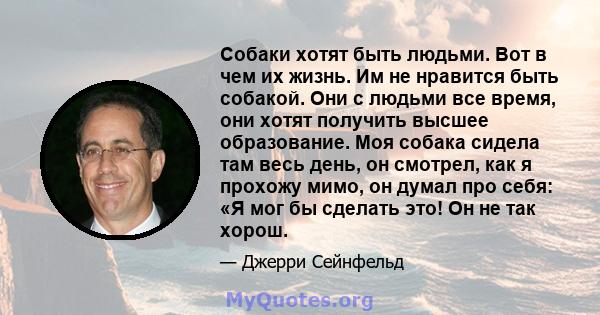 Собаки хотят быть людьми. Вот в чем их жизнь. Им не нравится быть собакой. Они с людьми все время, они хотят получить высшее образование. Моя собака сидела там весь день, он смотрел, как я прохожу мимо, он думал про