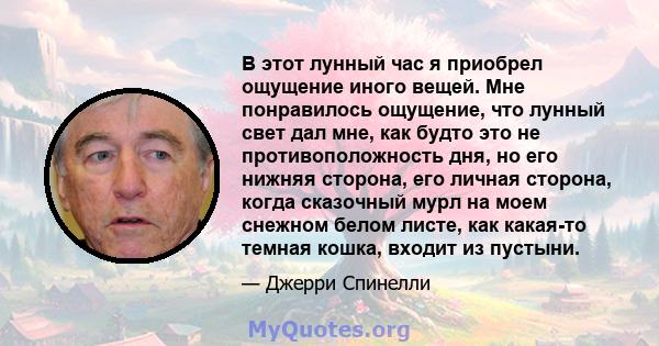 В этот лунный час я приобрел ощущение иного вещей. Мне понравилось ощущение, что лунный свет дал мне, как будто это не противоположность дня, но его нижняя сторона, его личная сторона, когда сказочный мурл на моем