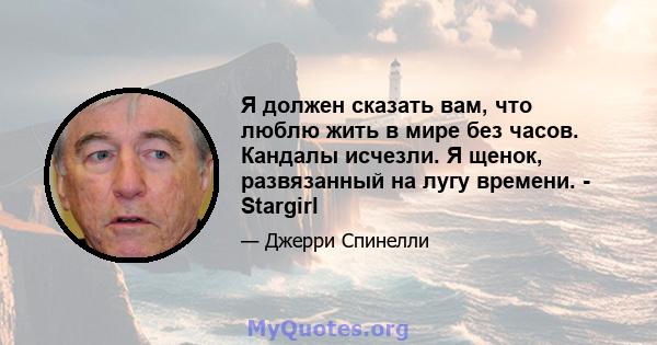 Я должен сказать вам, что люблю жить в мире без часов. Кандалы исчезли. Я щенок, развязанный на лугу времени. - Stargirl