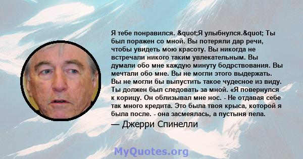 Я тебе понравился. "Я улыбнулся." Ты был поражен со мной. Вы потеряли дар речи, чтобы увидеть мою красоту. Вы никогда не встречали никого таким увлекательным. Вы думали обо мне каждую минуту бодрствования. Вы