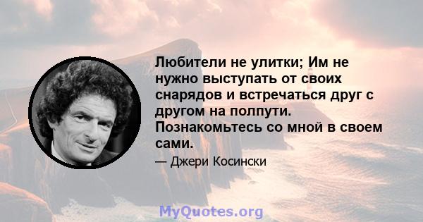 Любители не улитки; Им не нужно выступать от своих снарядов и встречаться друг с другом на полпути. Познакомьтесь со мной в своем сами.