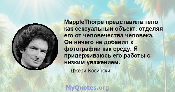 MappleThorpe представила тело как сексуальный объект, отделяя его от человечества человека. Он ничего не добавил к фотографии как среду. Я придерживаюсь его работы с низким уважением.