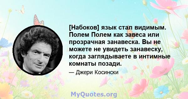 [Набоков] язык стал видимым. Полем Полем как завеса или прозрачная занавеска. Вы не можете не увидеть занавеску, когда заглядываете в интимные комнаты позади.