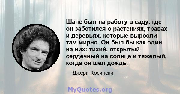 Шанс был на работу в саду, где он заботился о растениях, травах и деревьях, которые выросли там мирно. Он был бы как один на них: тихий, открытый сердечный на солнце и тяжелый, когда он шел дождь.