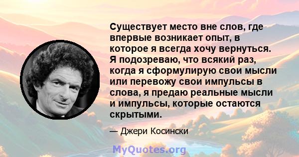 Существует место вне слов, где впервые возникает опыт, в которое я всегда хочу вернуться. Я подозреваю, что всякий раз, когда я сформулирую свои мысли или перевожу свои импульсы в слова, я предаю реальные мысли и