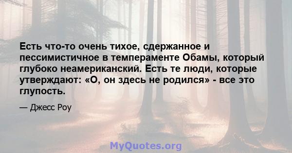 Есть что-то очень тихое, сдержанное и пессимистичное в темпераменте Обамы, который глубоко неамериканский. Есть те люди, которые утверждают: «О, он здесь не родился» - все это глупость.