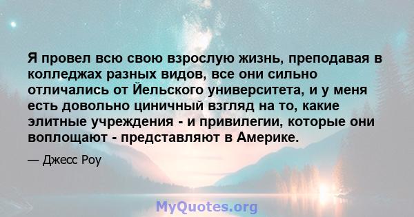 Я провел всю свою взрослую жизнь, преподавая в колледжах разных видов, все они сильно отличались от Йельского университета, и у меня есть довольно циничный взгляд на то, какие элитные учреждения - и привилегии, которые