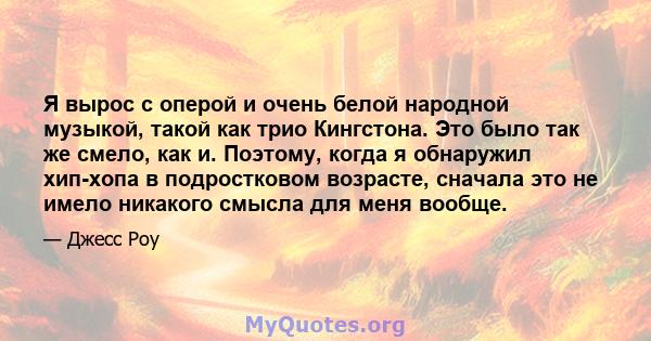 Я вырос с оперой и очень белой народной музыкой, такой как трио Кингстона. Это было так же смело, как и. Поэтому, когда я обнаружил хип-хопа в подростковом возрасте, сначала это не имело никакого смысла для меня вообще.