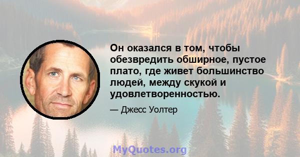 Он оказался в том, чтобы обезвредить обширное, пустое плато, где живет большинство людей, между скукой и удовлетворенностью.