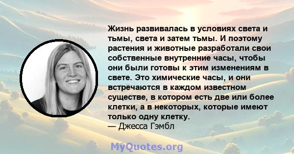 Жизнь развивалась в условиях света и тьмы, света и затем тьмы. И поэтому растения и животные разработали свои собственные внутренние часы, чтобы они были готовы к этим изменениям в свете. Это химические часы, и они