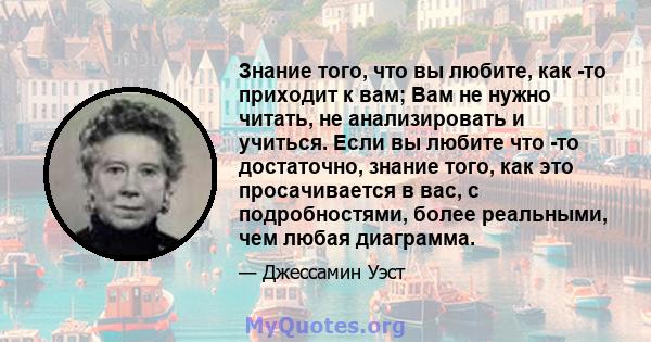 Знание того, что вы любите, как -то приходит к вам; Вам не нужно читать, не анализировать и учиться. Если вы любите что -то достаточно, знание того, как это просачивается в вас, с подробностями, более реальными, чем