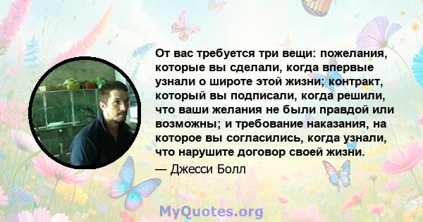 От вас требуется три вещи: пожелания, которые вы сделали, когда впервые узнали о широте этой жизни; контракт, который вы подписали, когда решили, что ваши желания не были правдой или возможны; и требование наказания, на 