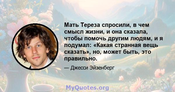 Мать Тереза ​​спросили, в чем смысл жизни, и она сказала, чтобы помочь другим людям, и я подумал: «Какая странная вещь сказать», но, может быть, это правильно.