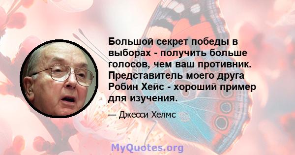 Большой секрет победы в выборах - получить больше голосов, чем ваш противник. Представитель моего друга Робин Хейс - хороший пример для изучения.