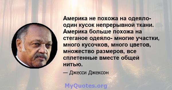 Америка не похожа на одеяло- один кусок непрерывной ткани. Америка больше похожа на стеганое одеяло- многие участки, много кусочков, много цветов, множество размеров, все сплетенные вместе общей нитью.