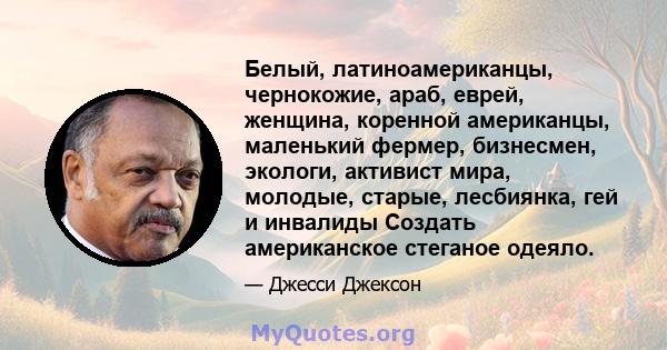 Белый, латиноамериканцы, чернокожие, араб, еврей, женщина, коренной американцы, маленький фермер, бизнесмен, экологи, активист мира, молодые, старые, лесбиянка, гей и инвалиды Создать американское стеганое одеяло.