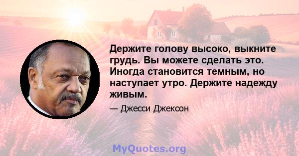 Держите голову высоко, выкните грудь. Вы можете сделать это. Иногда становится темным, но наступает утро. Держите надежду живым.