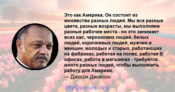 Это как Америка. Он состоит из множества разных людей. Мы все разные цвета, разные возрасты, мы выполняем разные рабочие места - но это занимает всех нас, чернокожих людей, белых людей, коричневых людей, мужчин и