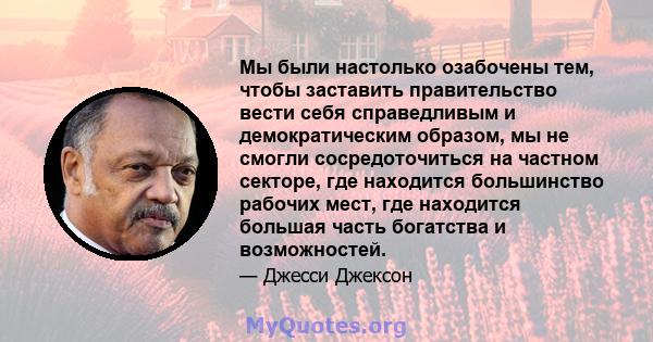 Мы были настолько озабочены тем, чтобы заставить правительство вести себя справедливым и демократическим образом, мы не смогли сосредоточиться на частном секторе, где находится большинство рабочих мест, где находится