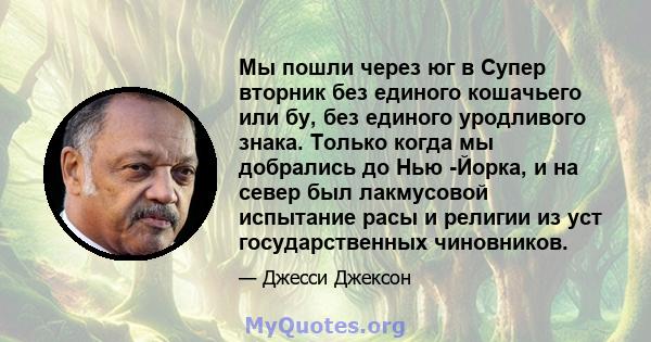 Мы пошли через юг в Супер вторник без единого кошачьего или бу, без единого уродливого знака. Только когда мы добрались до Нью -Йорка, и на север был лакмусовой испытание расы и религии из уст государственных чиновников.