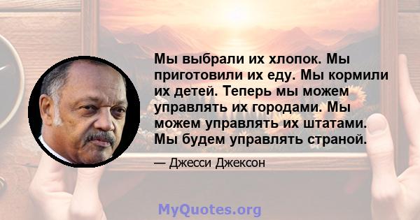 Мы выбрали их хлопок. Мы приготовили их еду. Мы кормили их детей. Теперь мы можем управлять их городами. Мы можем управлять их штатами. Мы будем управлять страной.