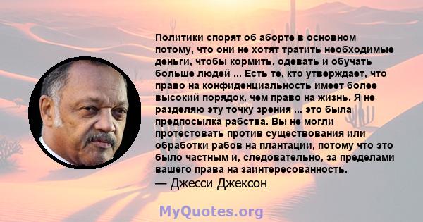 Политики спорят об аборте в основном потому, что они не хотят тратить необходимые деньги, чтобы кормить, одевать и обучать больше людей ... Есть те, кто утверждает, что право на конфиденциальность имеет более высокий