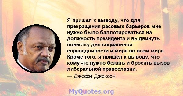 Я пришел к выводу, что для прекращения расовых барьеров мне нужно было баллотироваться на должность президента и выдвинуть повестку дня социальной справедливости и мира во всем мире. Кроме того, я пришел к выводу, что