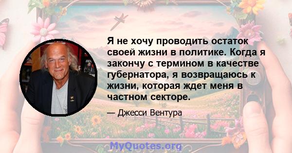 Я не хочу проводить остаток своей жизни в политике. Когда я закончу с термином в качестве губернатора, я возвращаюсь к жизни, которая ждет меня в частном секторе.