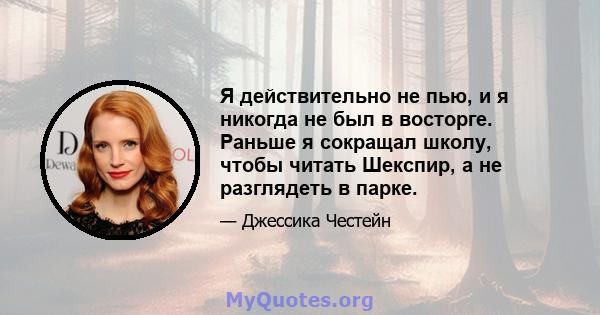 Я действительно не пью, и я никогда не был в восторге. Раньше я сокращал школу, чтобы читать Шекспир, а не разглядеть в парке.