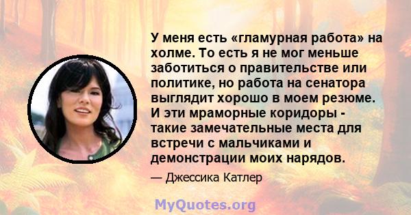 У меня есть «гламурная работа» на холме. То есть я не мог меньше заботиться о правительстве или политике, но работа на сенатора выглядит хорошо в моем резюме. И эти мраморные коридоры - такие замечательные места для