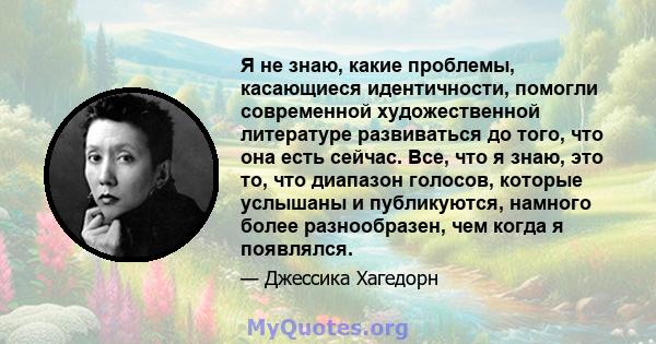 Я не знаю, какие проблемы, касающиеся идентичности, помогли современной художественной литературе развиваться до того, что она есть сейчас. Все, что я знаю, это то, что диапазон голосов, которые услышаны и публикуются,