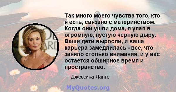 Так много моего чувства того, кто я есть, связано с материнством. Когда они ушли дома, я упал в огромную, пустую черную дыру. Ваши дети выросли, и ваша карьера замедлилась - все, что заняло столько внимания, и у вас