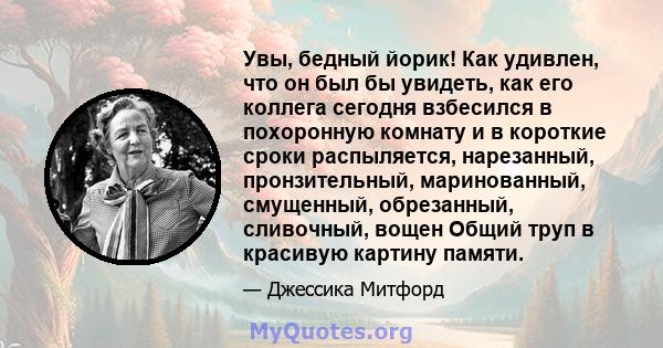 Увы, бедный йорик! Как удивлен, что он был бы увидеть, как его коллега сегодня взбесился в похоронную комнату и в короткие сроки распыляется, нарезанный, пронзительный, маринованный, смущенный, обрезанный, сливочный,