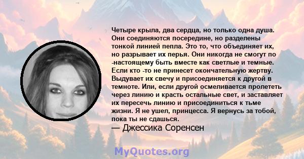 Четыре крыла, два сердца, но только одна душа. Они соединяются посередине, но разделены тонкой линией пепла. Это то, что объединяет их, но разрывает их перья. Они никогда не смогут по -настоящему быть вместе как светлые 