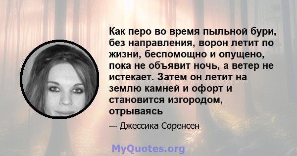 Как перо во время пыльной бури, без направления, ворон летит по жизни, беспомощно и опущено, пока не объявит ночь, а ветер не истекает. Затем он летит на землю камней и офорт и становится изгородом, отрываясь