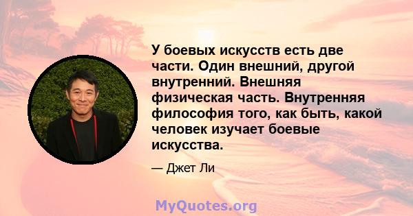 У боевых искусств есть две части. Один внешний, другой внутренний. Внешняя физическая часть. Внутренняя философия того, как быть, какой человек изучает боевые искусства.