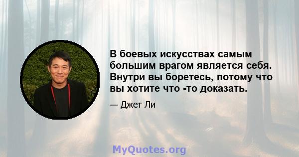 В боевых искусствах самым большим врагом является себя. Внутри вы боретесь, потому что вы хотите что -то доказать.